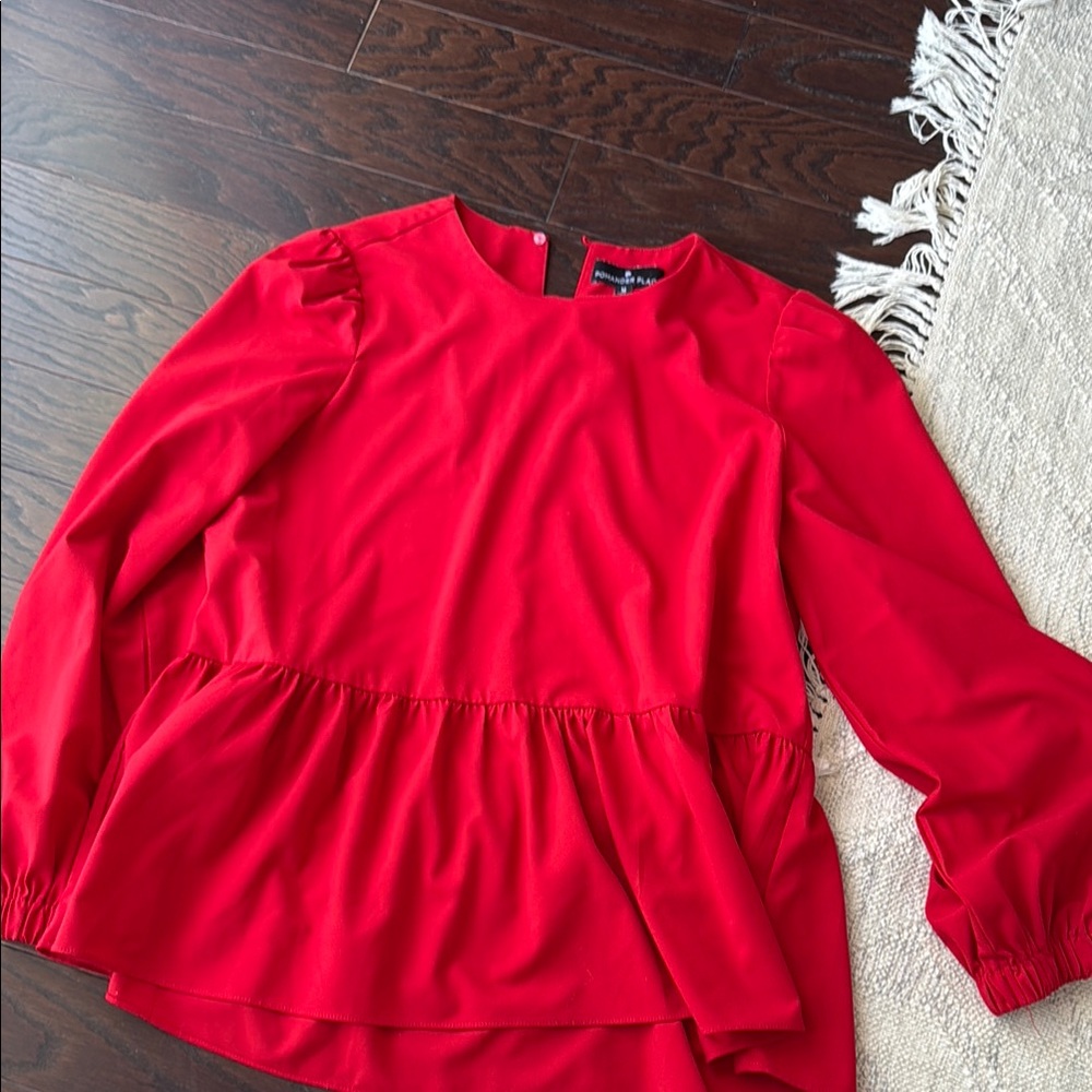Pomander Place Red Peplum Long Sleeve Blouse